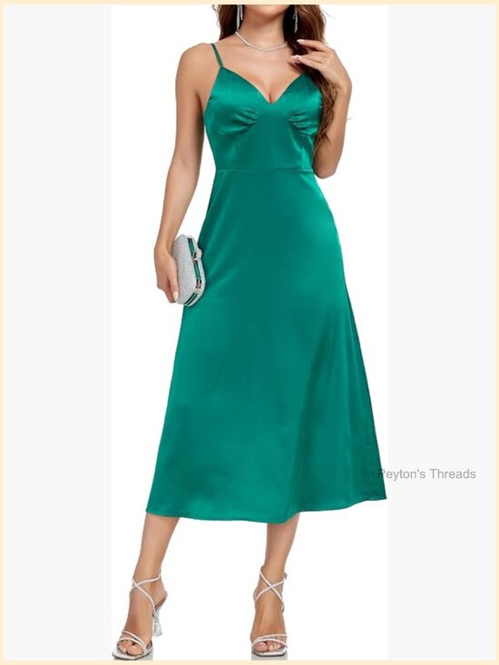 Dresses & Skirts - Spaghetti Strap Midi Satin Silk Dress V Neck Cocktail Party Sexy Open Back